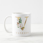 Farbflorale und goldene Buchstaben V Monogramm Kaffeetasse (Links)