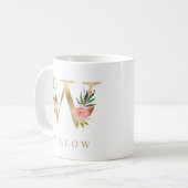 Farbflorale und goldene Buchstaben W Monogramm Kaffeetasse (Vorderseite Links)