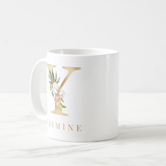 Farbflorale und goldene Buchstaben Y Monogramm Kaffeetasse (Vorderseite Links)