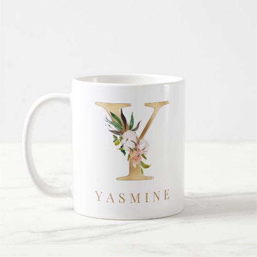 Farbflorale und goldene Buchstaben Y Monogramm Kaffeetasse (Links)