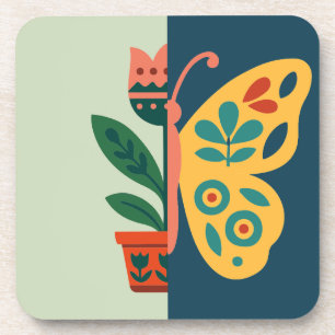 Farbfrohe Blumen- und Schmetterlings-Grafikdesign Getränkeuntersetzer