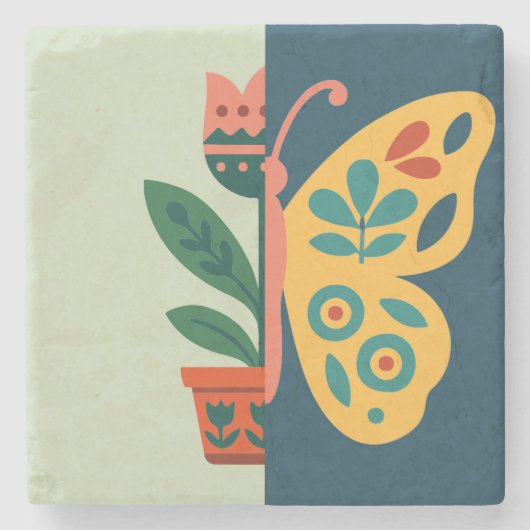 Farbfrohe Blumen- und Schmetterlings-Grafikdesign Steinuntersetzer (Vorderseite)