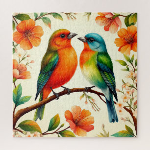 Farbfrohes Vogelpaar sitzt mitten in lebendigen Bl Puzzle