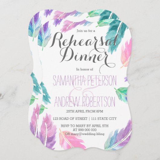 Farbgearbeitete Federn Probe Dinner Einladung (Vorne/Hinten)