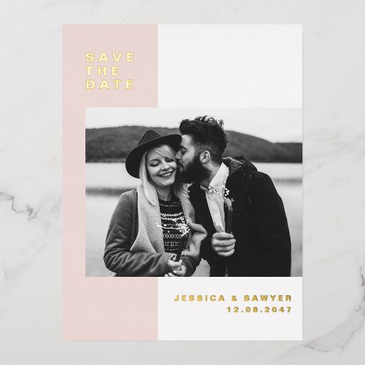 Farbgebläser rosa Farbblock Modernes Foto Save the Folie Einladungspostkarte (Vorderseite)