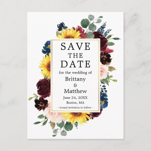 Farbgemische Blütengoldrahmen Save the Date Postkarte (Vorderseite)