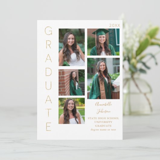 Farbglas - Gold & Weiß 1 Graduate 6 Multi-Foto Einladung (Stehend Vorderseite)