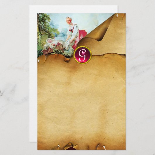 FARBHAFTE BABY SHOWER Parchment Red Ruby Monogram Briefpapier (Vorne/Hinten)