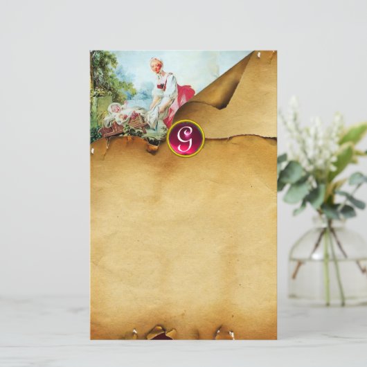 FARBHAFTE BABY SHOWER Parchment Red Ruby Monogram Briefpapier (Stehend Vorderseite)