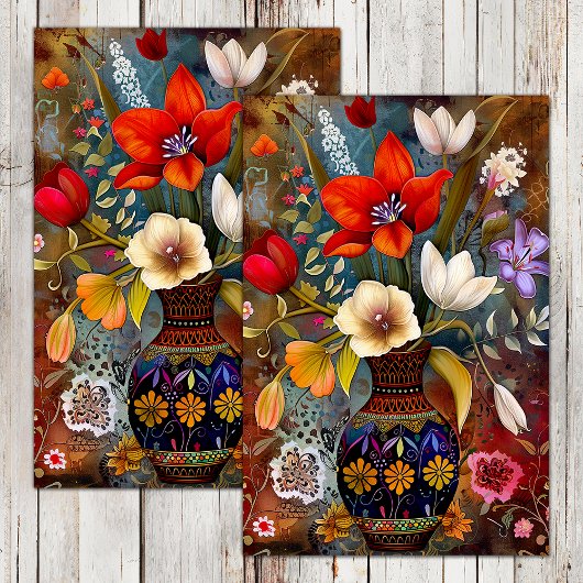 FARBHAFTE BLUME IN VASENDEKOUPATION SEIDENPAPIER