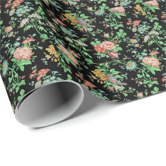 FARBHAFTE BLUME UND BLÄTTER DUNKELschwarz Geschenkpapier (Rolleneckpunkt)