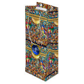 FARBHAFTE VÖGEL UND BLUE GEM MONOGRAM WIRBEL GESCHENKTÜTE FÜR WEINFLASCHEN (Rückseite Schrägansicht)