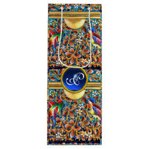 FARBHAFTE VÖGEL UND BLUE GEM MONOGRAM WIRBEL GESCHENKTÜTE FÜR WEINFLASCHEN
