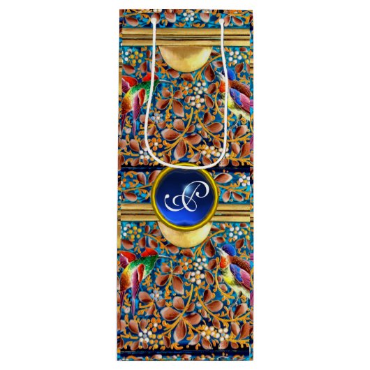 FARBHAFTE VÖGEL UND BLUE GEM MONOGRAM WIRBEL GESCHENKTÜTE FÜR WEINFLASCHEN (Vorderseite)