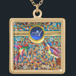 FARBHAFTE VÖGEL UND BLUE GEM MONOGRAM WIRBEL VERGOLDETE KETTE<br><div class="desc">Lebhafte,  farbenfrohe Frühlingsblumen und kleine Colibris in Gold und Blau. Elegantes,  künstlerisches Design inspirierte antike Jugendstil-Bohemische Emaille in türkisblau,  rot,  aquamarin,  goldgelb,  violett,  weiß mit 3D-blauem Saphir-Edelstein.Digitales Grafikdesign , 3D-Modellierung von Bulgan Lumini (c)</div>