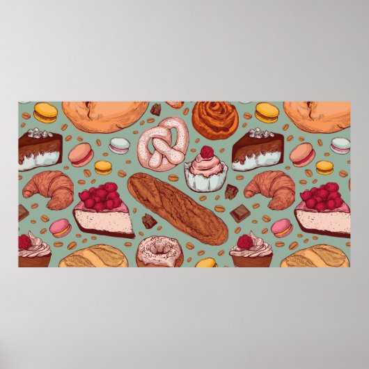 Farbhandgezeichnete Bäckerei im Stil einer Skizze. Poster (Vorne)