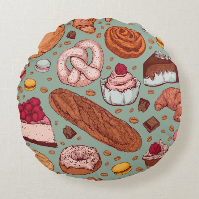 Farbhandgezeichnete Bäckerei im Stil einer Skizze. Rundes Kissen (Vorderseite)