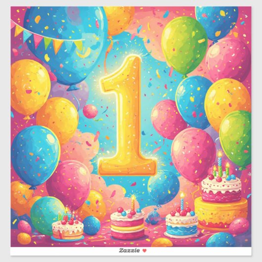 Farbige 1. Geburtstagsfeier mit Ballons Aufkleber (Blatt)