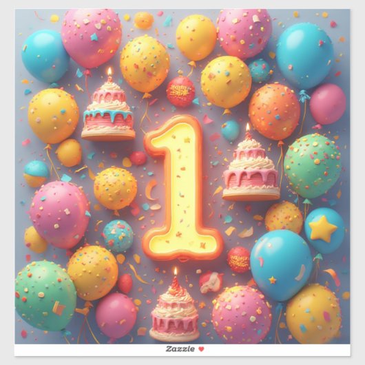 Farbige 1. Geburtstagsfeier mit Ballons Aufkleber (Blatt)