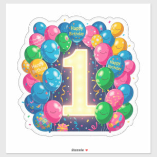 Farbige 1. Geburtstagsfeier mit Ballons Aufkleber