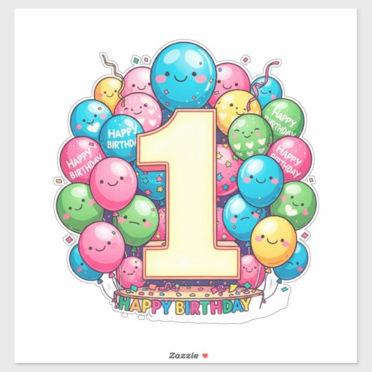 Farbige 1. Geburtstagsfeier mit Ballons Aufkleber (Blatt)