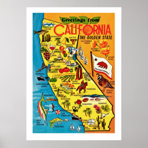 Farbige 20x28 Kalifornien-Karte-Druck Poster