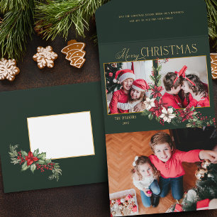 Farbige 2-Foto-Weihnachtsgrüße Poinsettien All In One Einladung