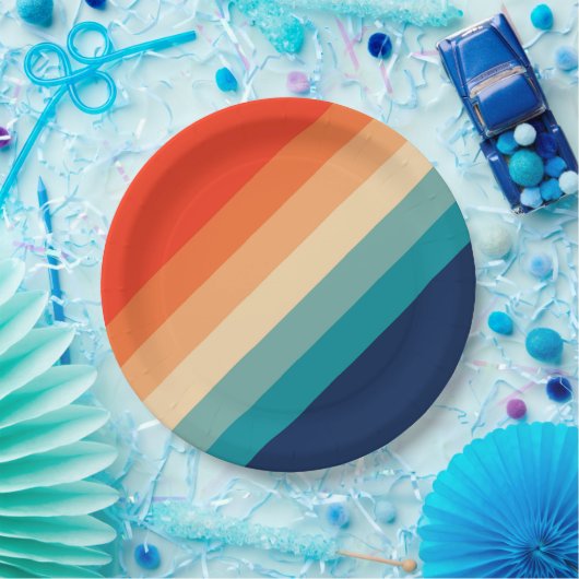 Farbige 70er 80er Retro Streifen Pappteller (Party)