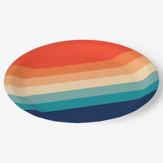 Farbige 70er 80er Retro Streifen Pappteller (Schrägansicht)