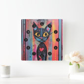 Farbige Abstrakt-gelbe Mit Augen Katze Quadratische Wanduhr (Zuhause)