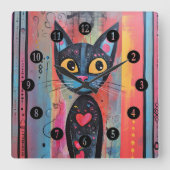 Farbige Abstrakt-gelbe Mit Augen Katze Quadratische Wanduhr (Vorderseite)