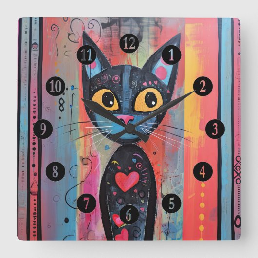 Farbige Abstrakt-gelbe Mit Augen Katze Quadratische Wanduhr (Vorderseite)