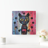 Farbige Abstrakt-gelbe Mit Augen Katze Quadratische Wanduhr (Zuhause)