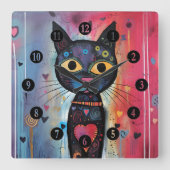 Farbige Abstrakt-gelbe Mit Augen Katze Quadratische Wanduhr (Vorderseite)