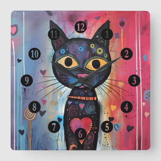 Farbige Abstrakt-gelbe Mit Augen Katze Quadratische Wanduhr (Vorderseite)