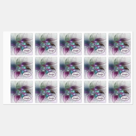 Farbige Abstrakte Blume Modernes Fraktal Name Etiketten (Blatt)