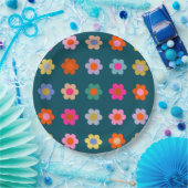 Farbige Abstrakte Blume Navy Blue Retro Floral Pappteller (Party)