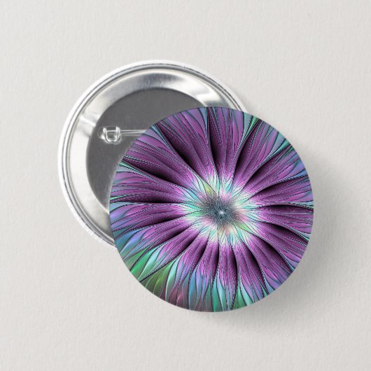 Farbige Abstrakte Blume Rosa blaues grünes Fraktal Button (Vorne & Hinten)