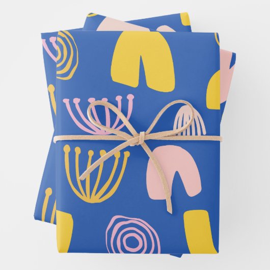 Farbige Abstrakte Formen Collage Design in Blau Geschenkpapier Set (Beispiel)