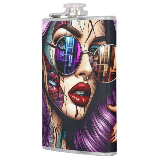 Farbige Abstrakte Hübsche Dame mit Lila Haar Flachmann (Links)