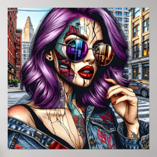 Farbige Abstrakte Hübsche Dame mit Lila Haar Poster