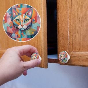 Farbige Abstrakte Katze Keramikknauf