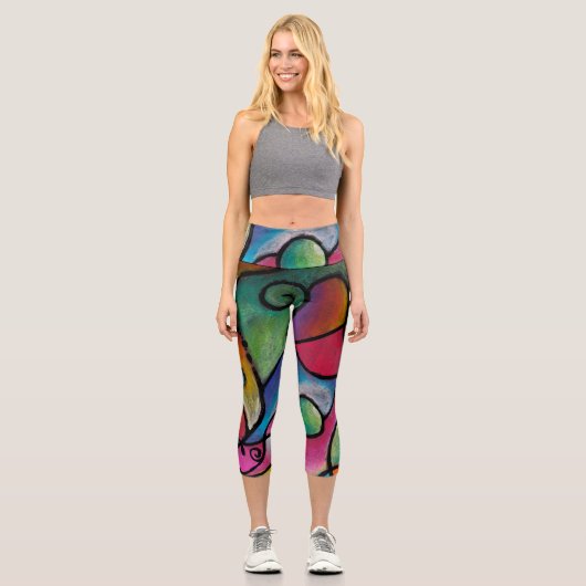 Farbige abstrakte Linien und Formen Capri Leggings (Vorderseite)