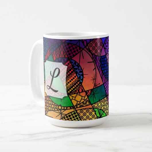 Farbige Abstrakte mit Texturen, Muster und Monogra Kaffeetasse (Vorderseite Links)