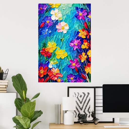 Farbige Abstrakte Ölgemälde von Frühlingsblumen Poster (Heimbüro)