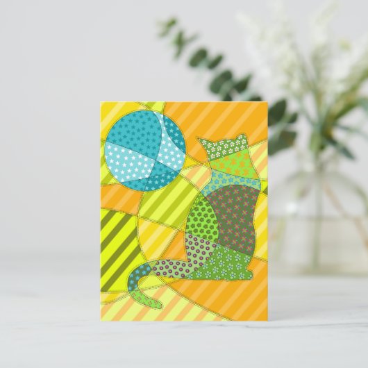 Farbige Abstrakte Patchwork-Katze Postkarte (Stehend Vorderseite)