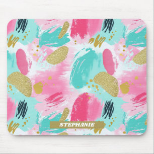Farbige Abstrakte Pinselstriche - Minze & Rosa (1) Mousepad