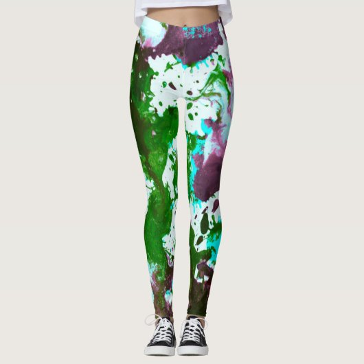 Farbige Abstrakte Spritzer Paint Green und Lila Leggings (Vorderseite)