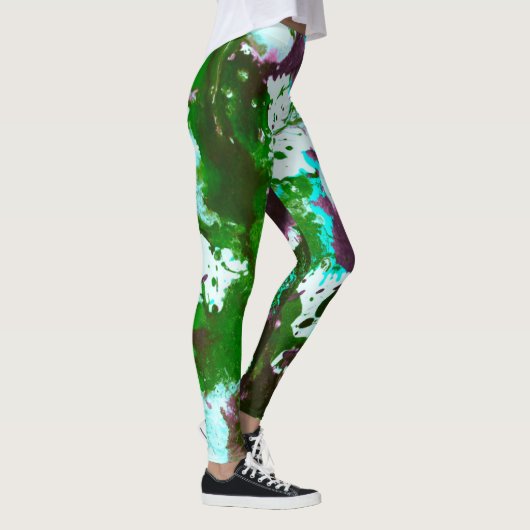 Farbige Abstrakte Spritzer Paint Green und Lila Leggings (Rechts)