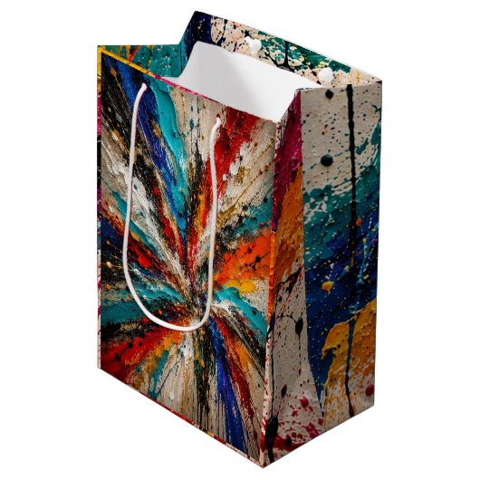 Farbige abstrakte Spritzkunst Mittlere Geschenktüte (Vorderseite Schrägansicht)